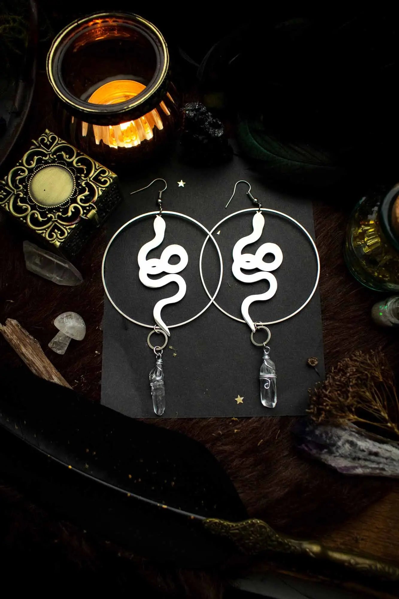 Boucles d&#39;oreille Serpentine avec anneaux et serpents argentés lunamanashop