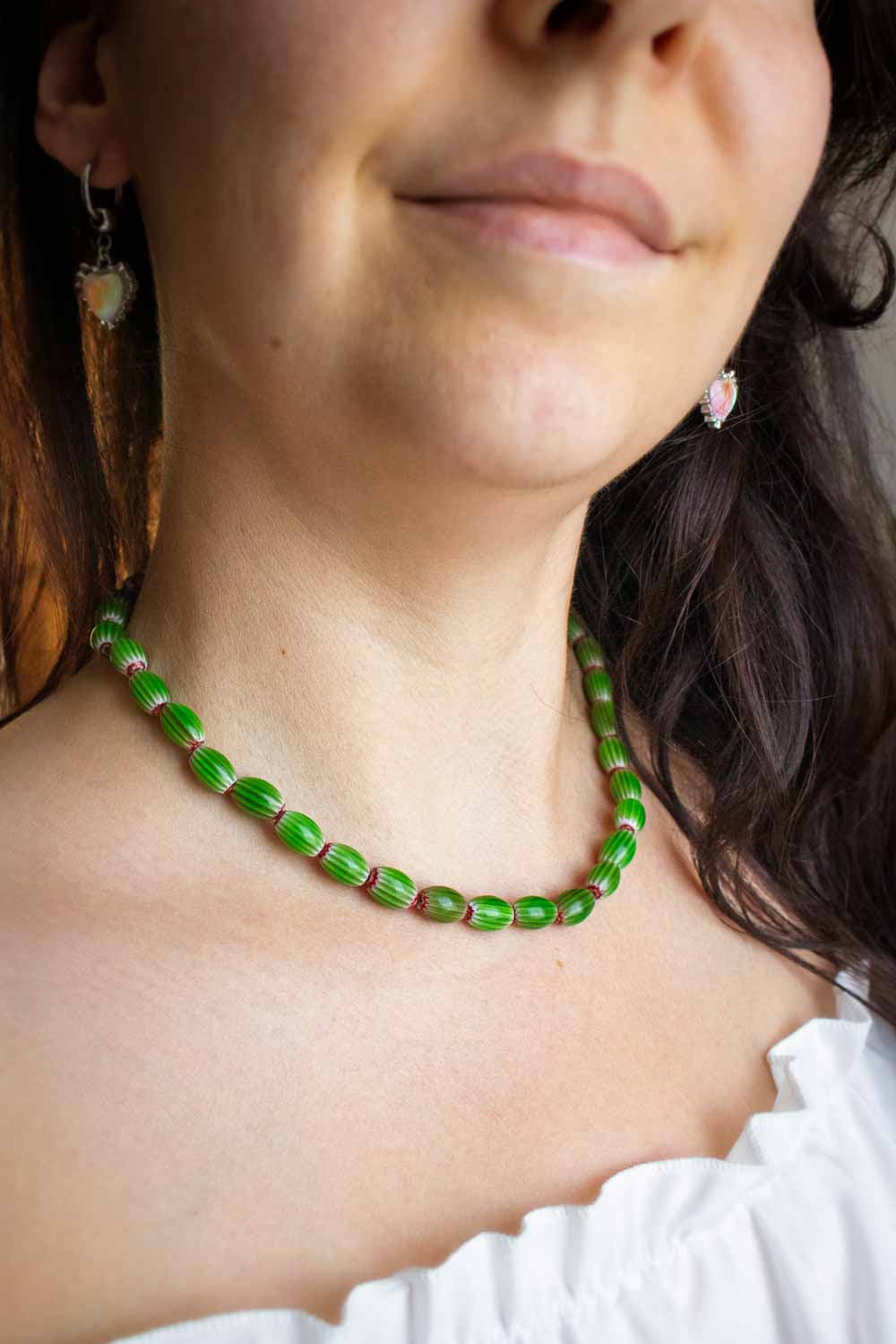 Collier ras de cou perles en verre effet pastèque - Rouge et verte - Pastèque lunamanashop