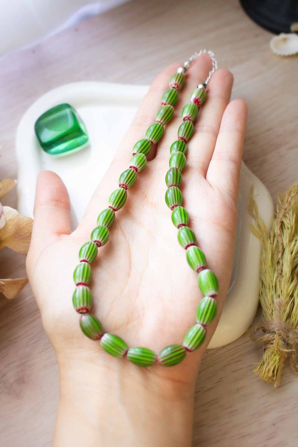 Collier ras de cou perles en verre effet pastèque - Rouge et verte - Pastèque lunamanashop