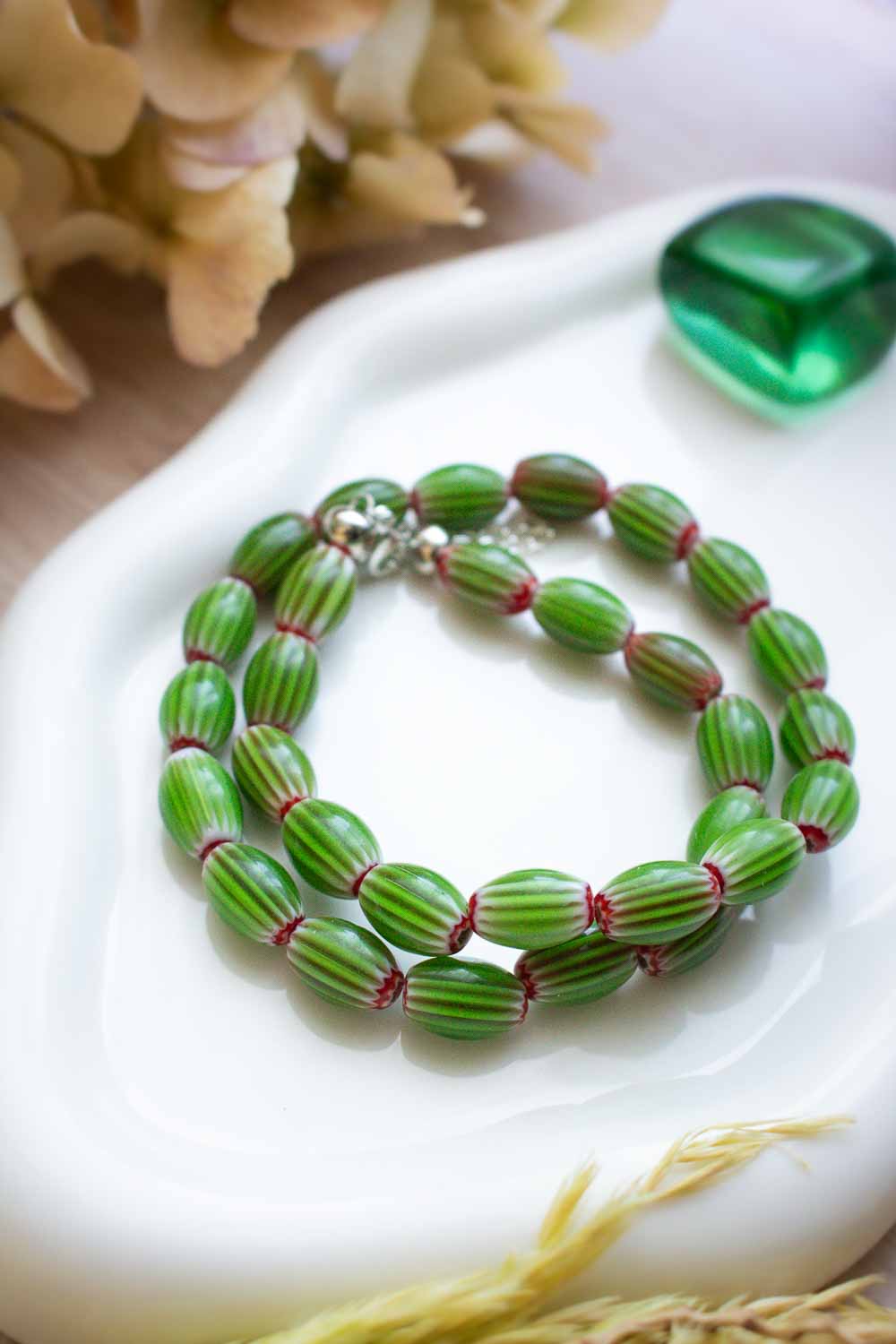 Collier ras de cou perles en verre effet pastèque - Rouge et verte - Pastèque lunamanashop
