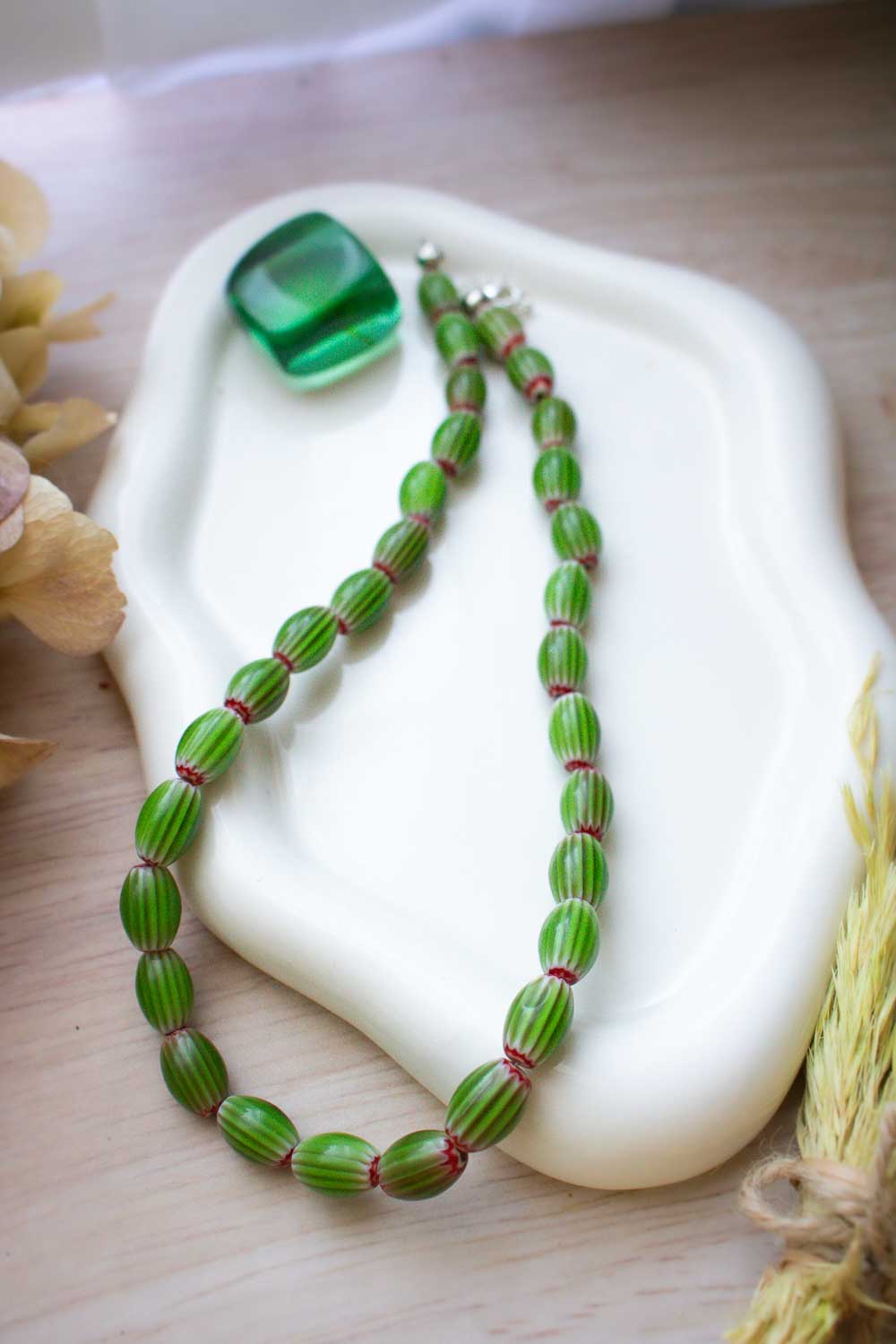Collier ras de cou perles en verre effet pastèque - Rouge et verte - Pastèque lunamanashop