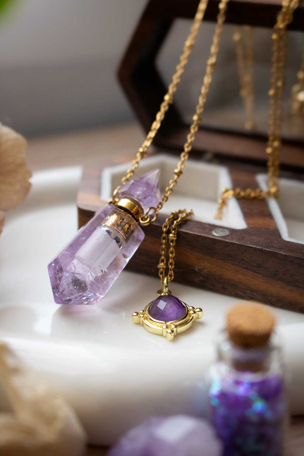 Collier double rang Améthyste dorée - Fiole mystique - Shéhérazade lunamanashop