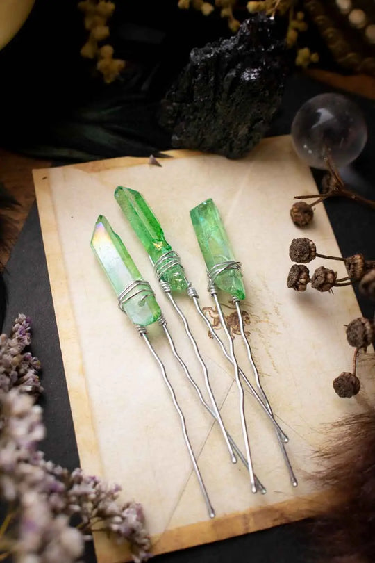 Épingle à cheveux Amy verte en pointe de quartz