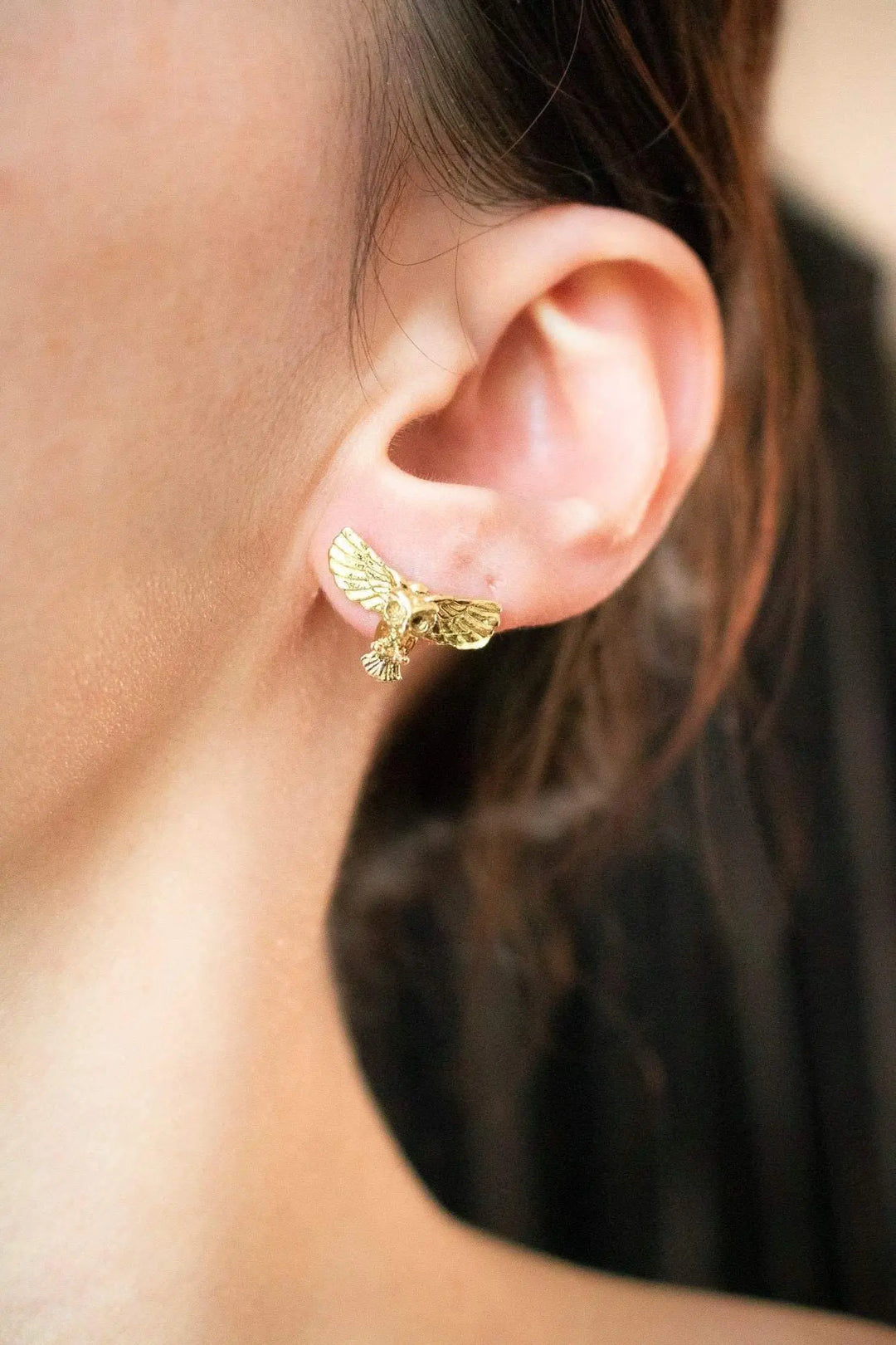 Boucles d'oreilles puces avec chouette dorée lunamanashop