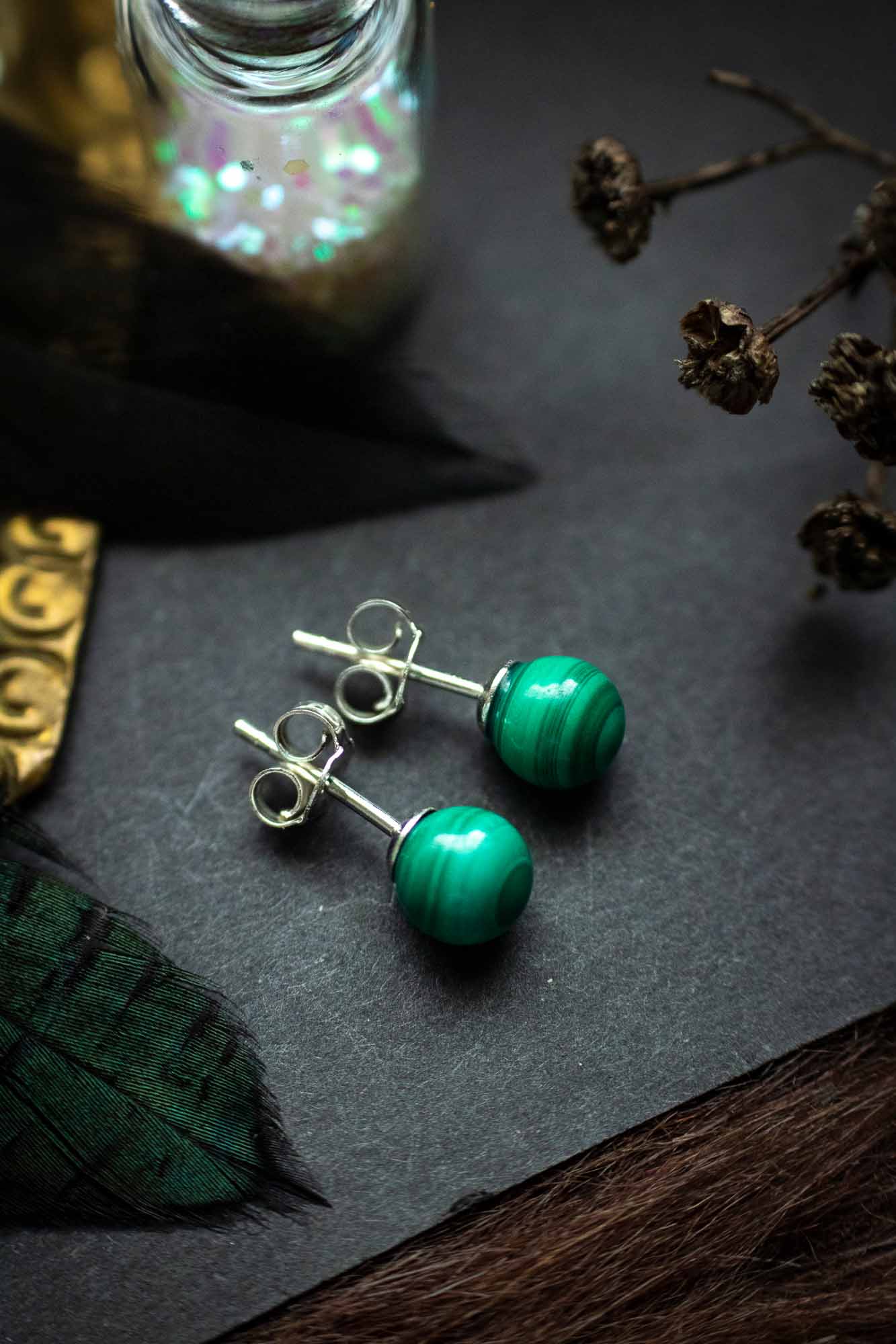 Boucles d&#39;oreilles puce en Malachite verte et argent 925 - lunamanashop