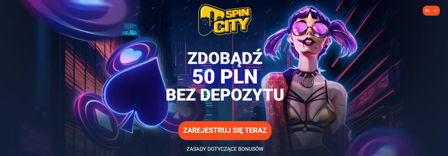 Spin City 50 zł bez depozytu za rejestrację konta